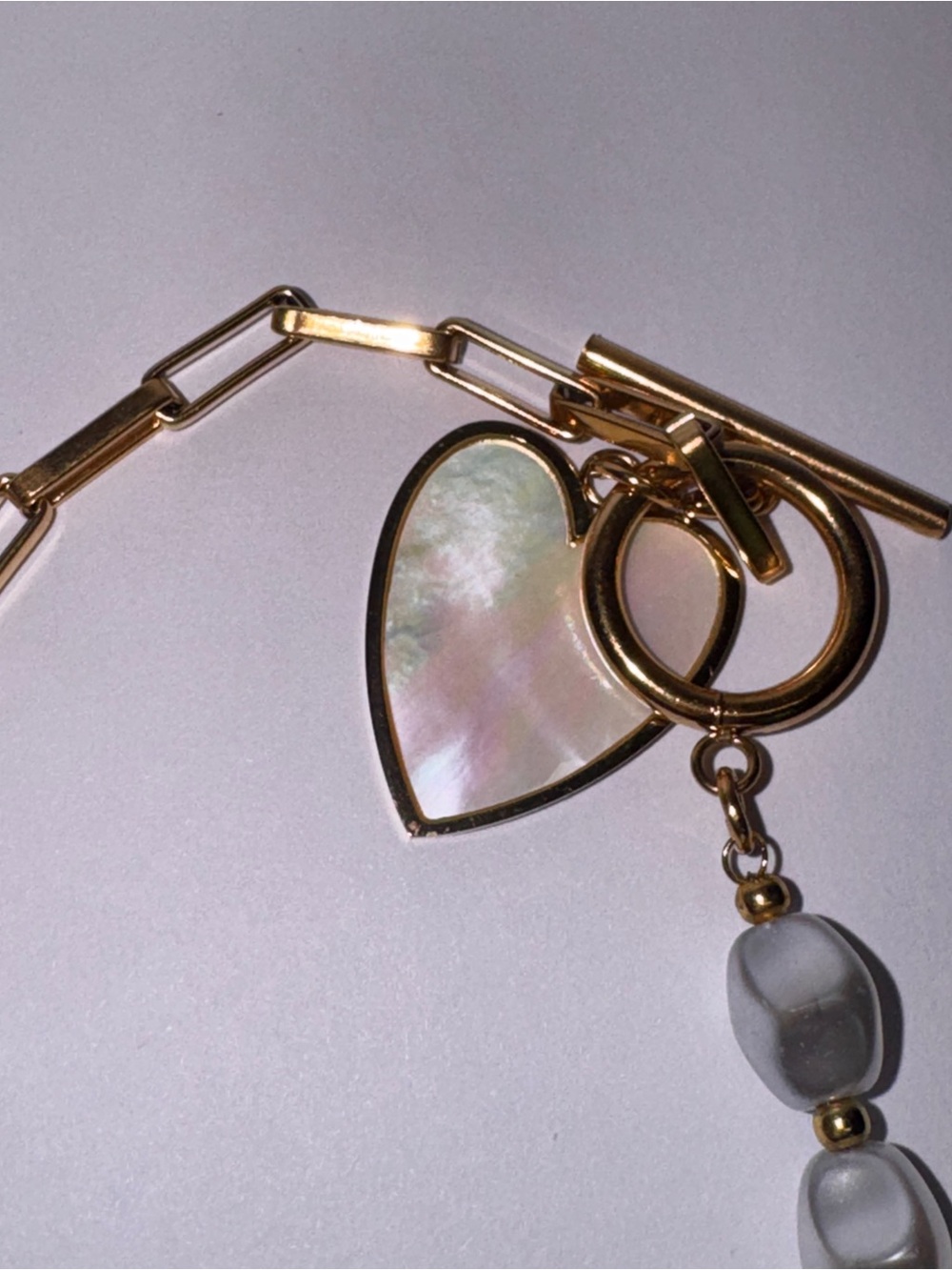 Gold & White Pearl Half-Link Toggle Necklace - Picture 7 of 7